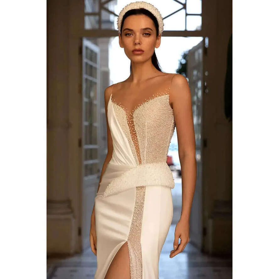 Transparent Mermaid V Collar Neck Elegant Wedding Tulle Design Beaded Satin Chiffon Split Trailer Plus Size Bride Gown Celebrity Dress Vestidos De Nov