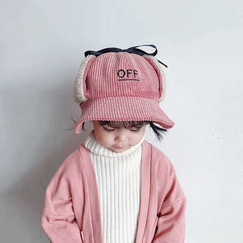 Winter Corduroy Baby Bucket Hat Thicken Plush Ear Protection Fisherman Cap for Toddler Korean Letter Kids Earmuff Hats LX241018
