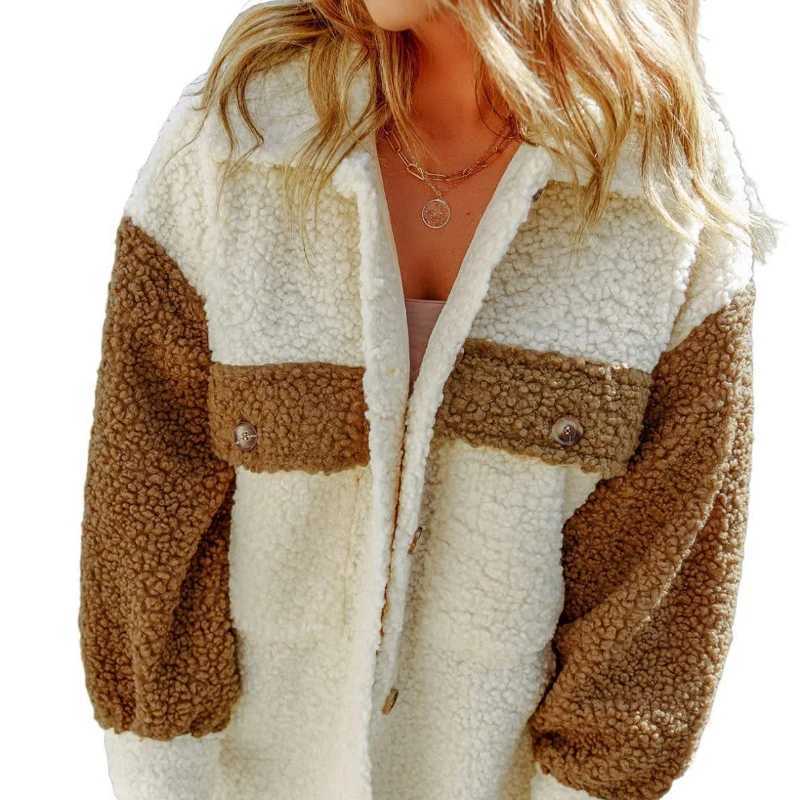 Autumn Winter Fashion Turn-down Collar Long Sleeve Patchwork Color Blocking Lamb Wool Coats Womens Clothing Casual Button TopsX241018