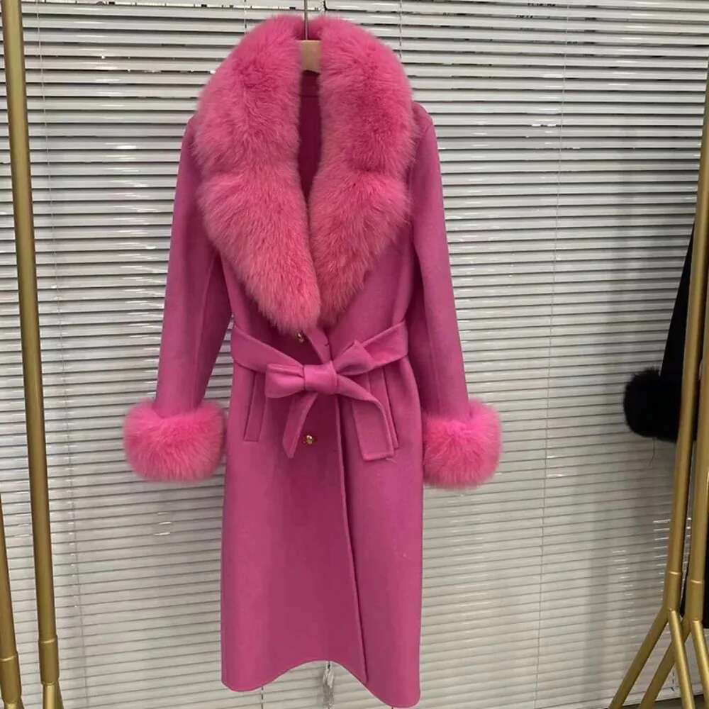 New Long Wool Cashmere Blended Coat Women 2024 Double Breasted Belt Outerwear Cuff Real Fox Fur Collar Fashion Winter Jacket