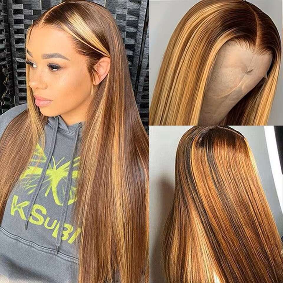 32 36 Inches 13x4 13x6 Straight Highlight Lace Front Human Hair Wig 4/27 Ombre Honey Blonde Colored Wigs For Women 200%
