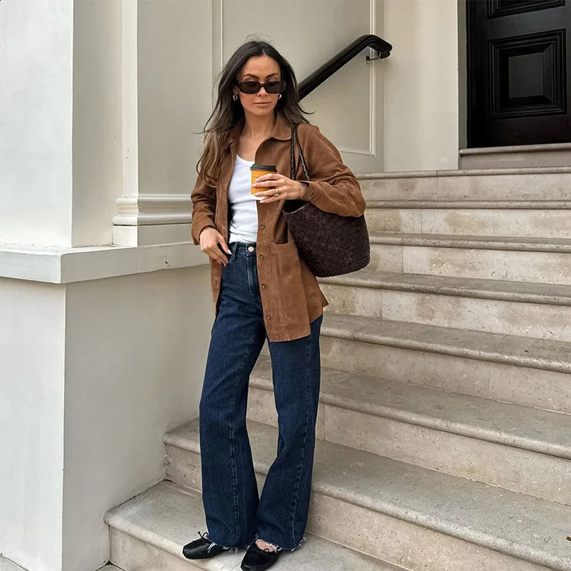 MSCSZ Brown Suede Jacket Women Long Sleeve Button Up Shirt Jacket Vintage Windbreaker Jacket Autumn Winter Coat Woman 2024 241017