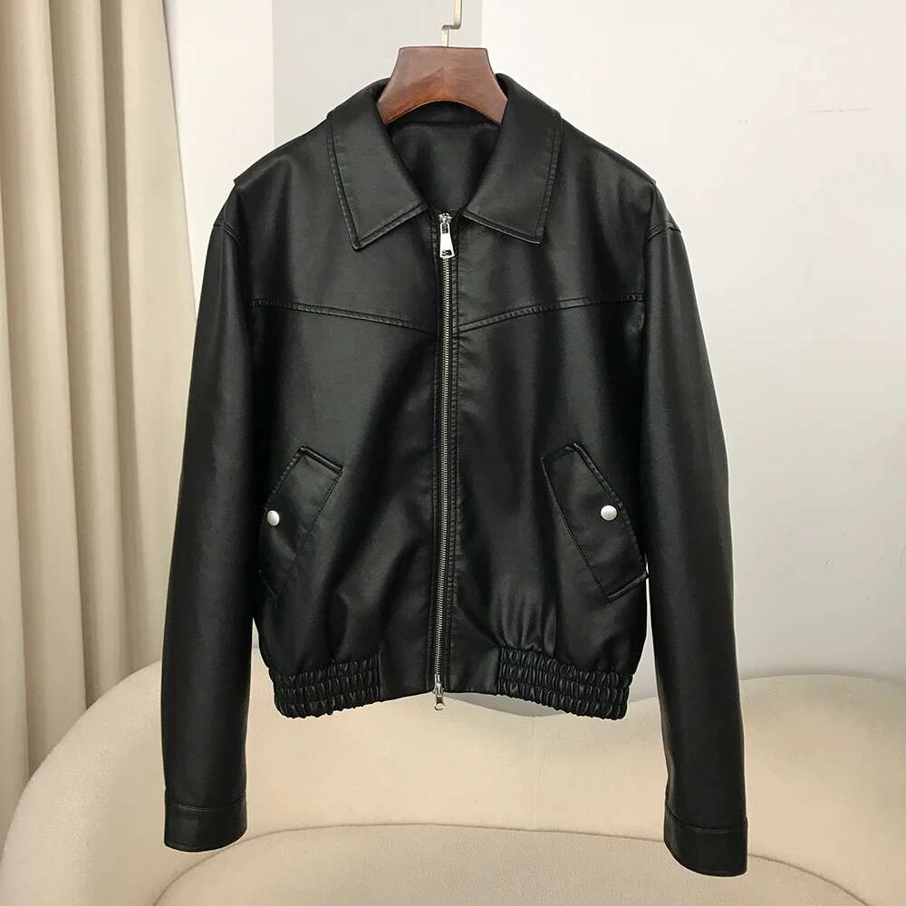 Coat Lady 2024 Short Motorcycle Faux Women Autumn American Vintage PU Leather Jacket High Street
