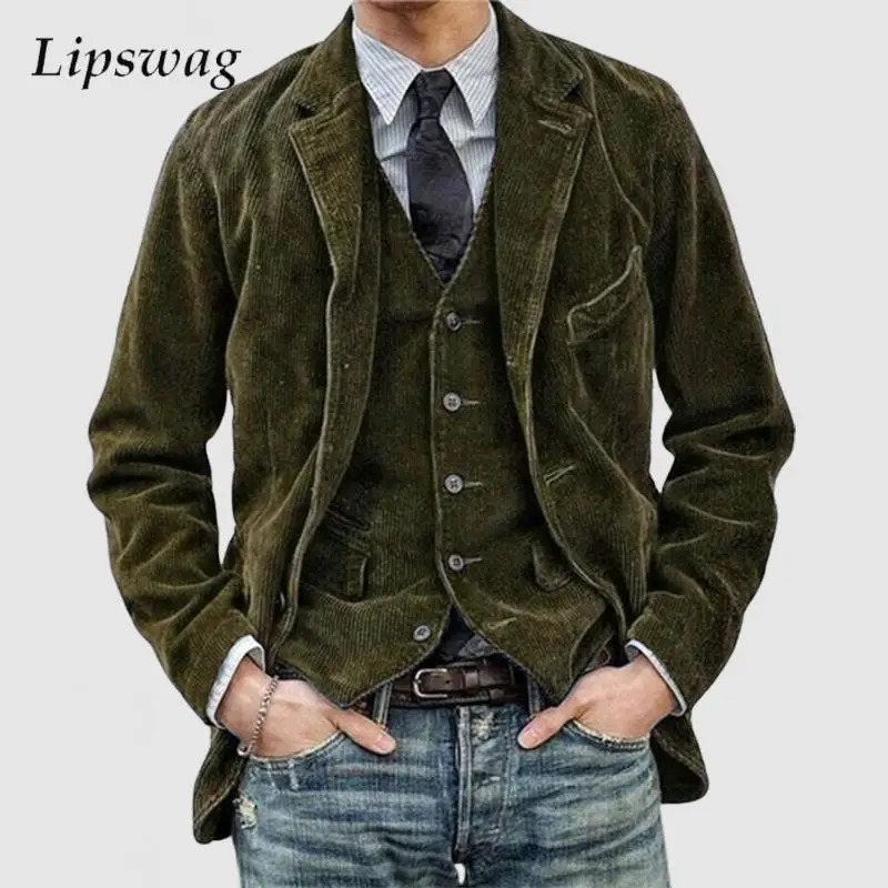 Casual Solid Color Corduroy Suit Jackets For Mens Autumn Vintage Turndown Collar Buttoned Blazer Jacket Coat Men Fashion Coats 241018