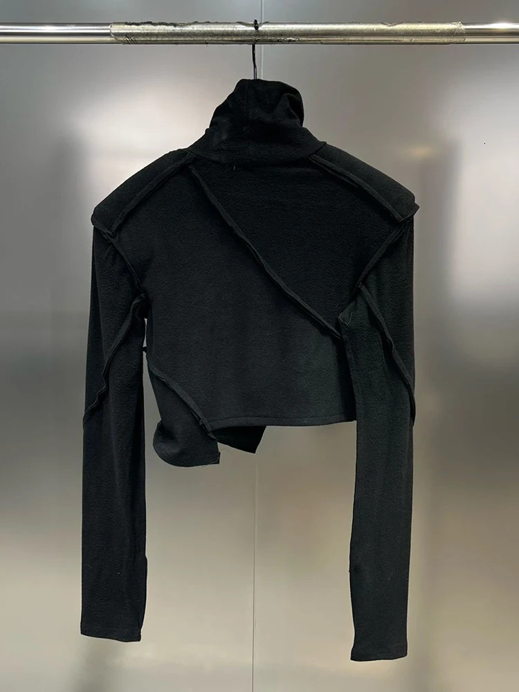DEAT Fashion Black Womens Shoulder Pad Patchwork Tshirt Autumn Turtleneck Long Sleeves Pullover Top Female 11XX6290 241018
