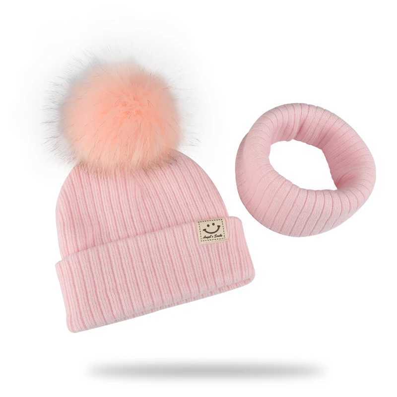 Winter Unisex Faux Fur Pompon Hat Scarf For Kids Boys Girls Knitted Baby Caps With Pompom Bonnet Childrens Accessories LX241018