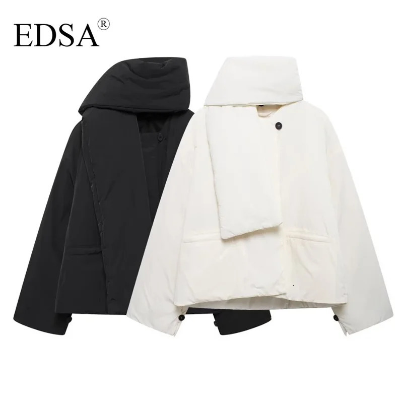 EDSA Women Crop Parkas Quilted Jacket White Black Outerwear Short Padded Removable Scarf Warm Winter 241018