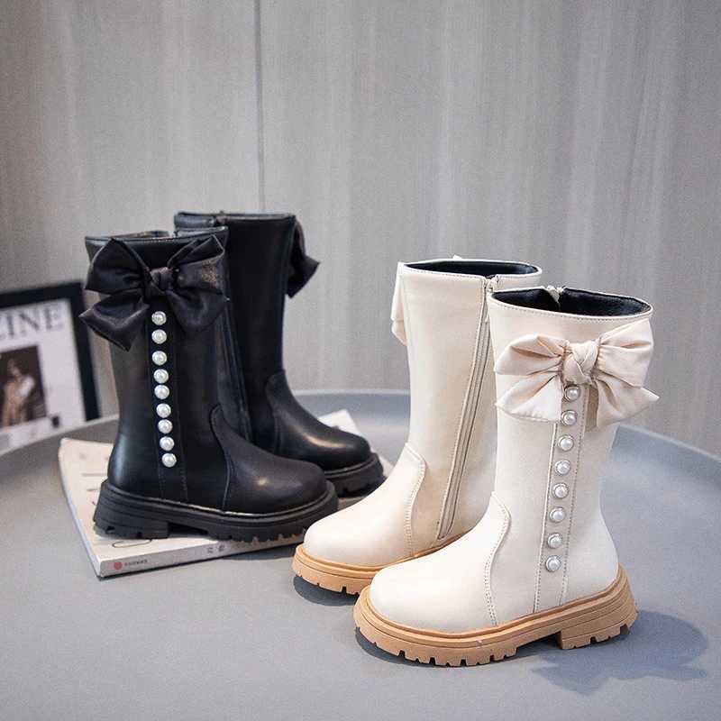 Boots Girls High Boots with Bow-knot Non-slip Fashion Children Pearls Elegant Princess Boots Side Zipper Kids Leather Long Boots H241018