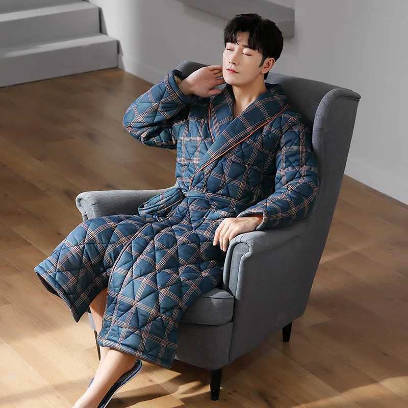 New Winter Cotton-Padded Robe Kimono Bathrobe Gown Thickened Warm Sleepwear Nightwear Loose Print Stripes Home Wear LoungewearXJ241018