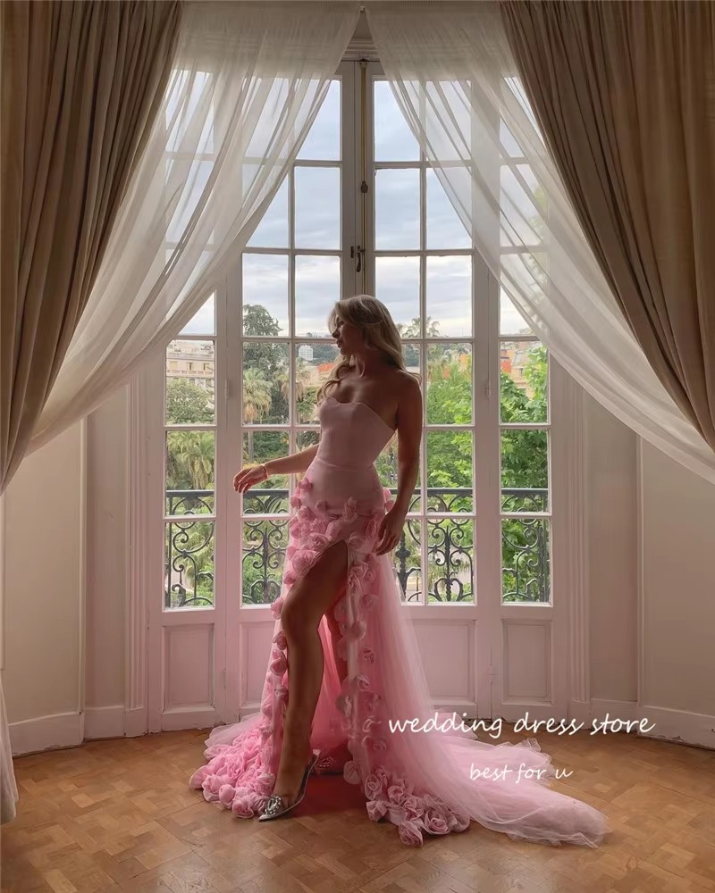 Pink Long Evening Dresses 3D Wers Sweetheart Beauty Party Dress High Split Prom Gowns Vestidos 6660312