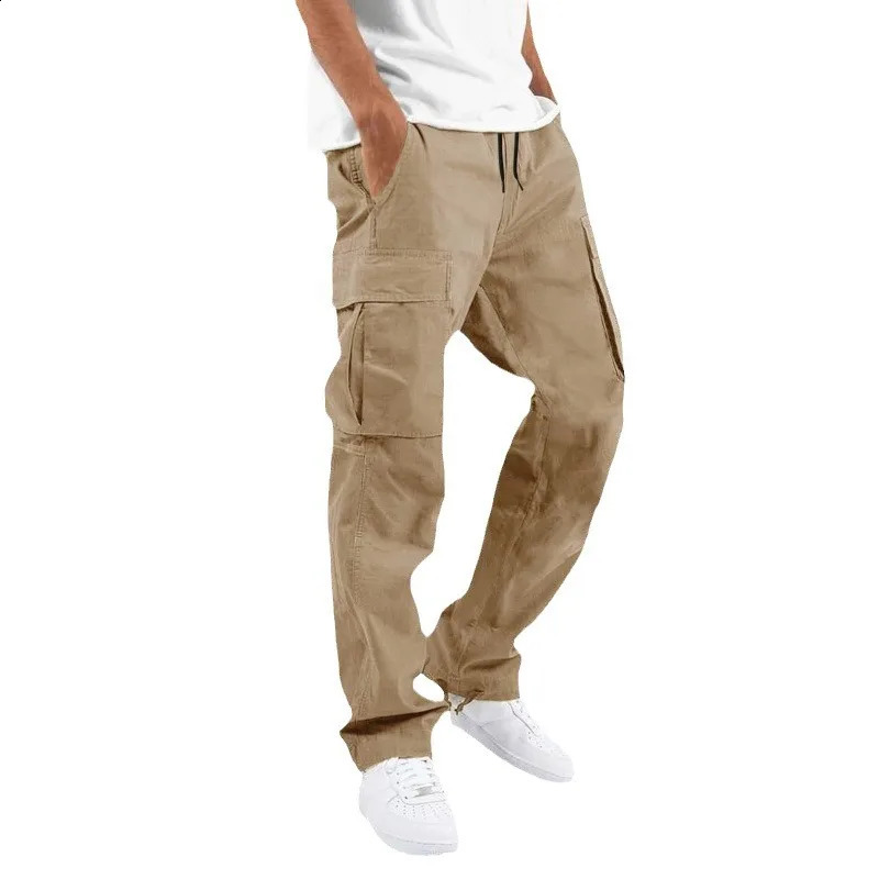 Mens Cargo Pants Spring Fall Independent Station European and American Export Multi-flap Pocket Pants Drawstrin... 241010