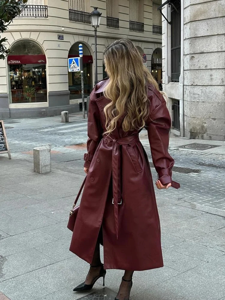 2024 Chic Burgundy Lace Up Oversized Leather Long Coats Womens Elegant Double Breasted Solid Jackets Lady Chic Outerwear 241017