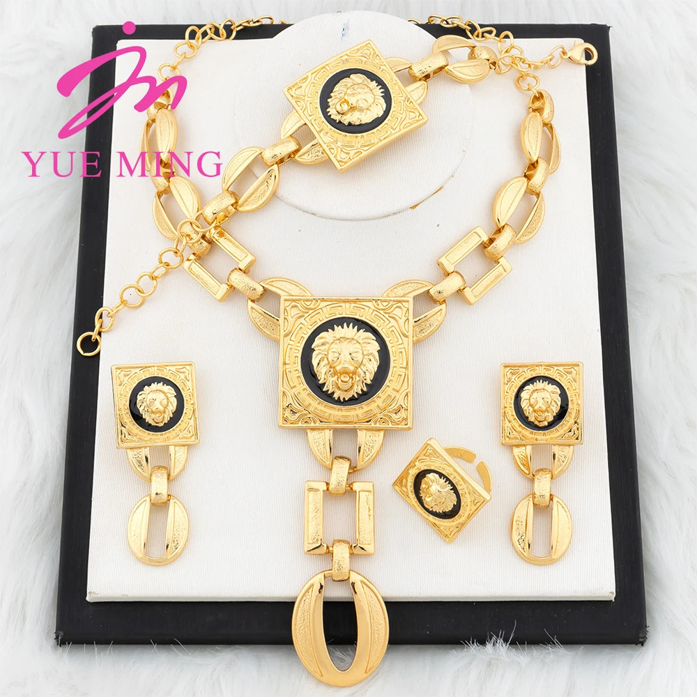 YM Necklace For Women Dubai Gold Plated Lions Head Jewelry Sets Cuff Bangles Rings Fashion Dangle Earrings for Banquet Party 241007