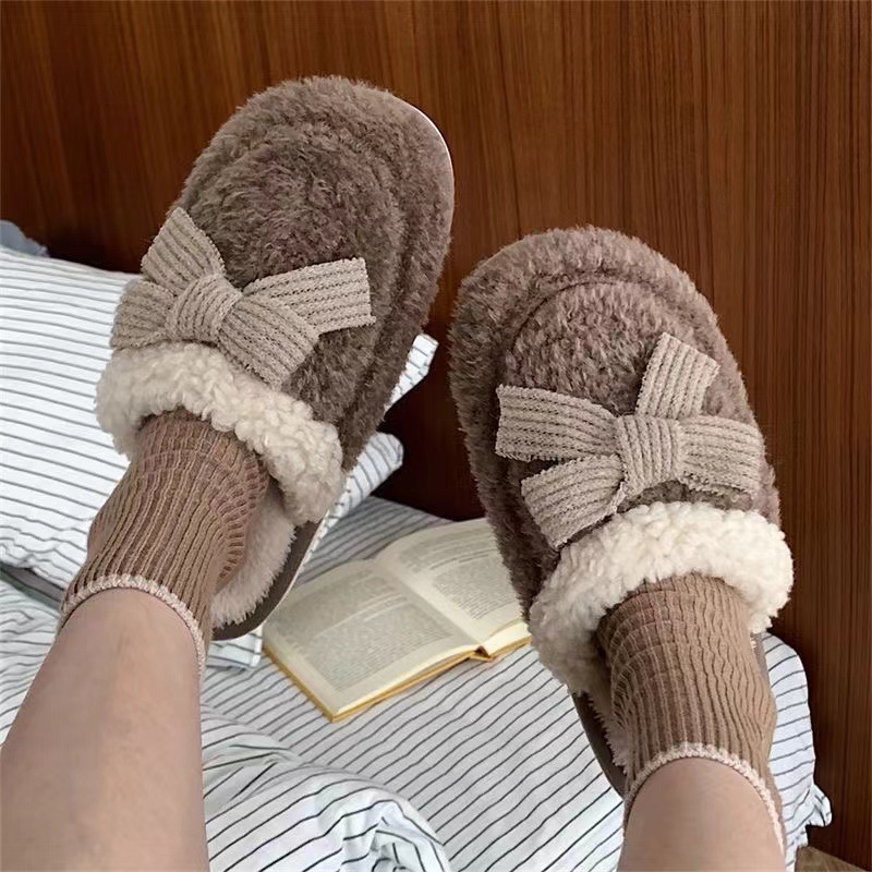 Cute Bow Slippers: Thick Bottom Anti-Slip Cotton Slippers for Couples