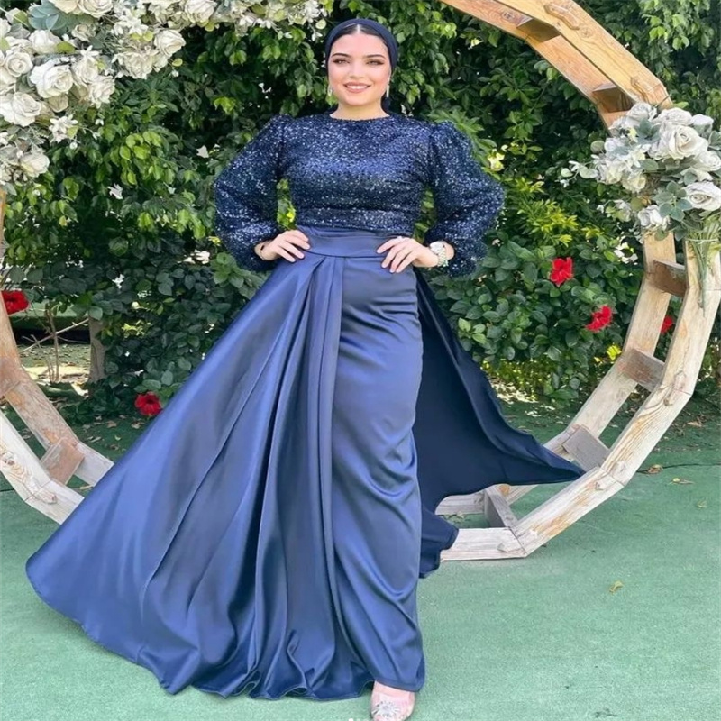 Navy Blue Muslim Evening Dress Elegant Dubai Abaya Sequin Prom Dresses Long Sleeve Saudi Arabic Islamic Formal Dress Engagement Birthday Vestios De Fi