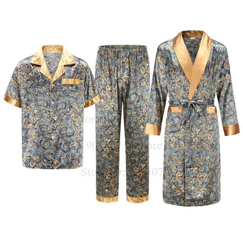 Ice Silk Robe Male Casual Home Clothes Print Shirt pants Summer Autumn New Bathrobe with Pocket Loose Nightwear LoungewearXJ241018