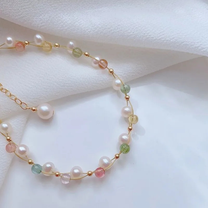Minar Chic 14K Gold Copper Chain Rainbow Tourmaline Natural Stone Crystal Freshwater Pearl Bead Necklace 241018