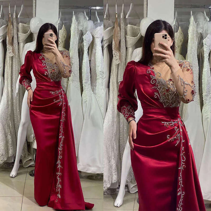 Crtsyal Beading Evening Vintage Prom Gowns With Tail Rhie Long Sleeve Custom Made Party Dresses 0719