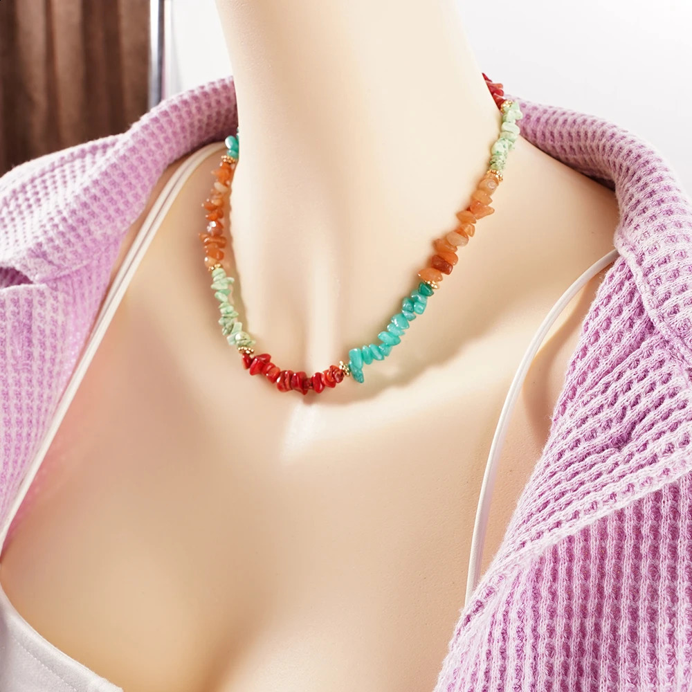 Bohemian real coral chain natural stone necklace irregular retro bead spiritual jewelry womens gift 241018