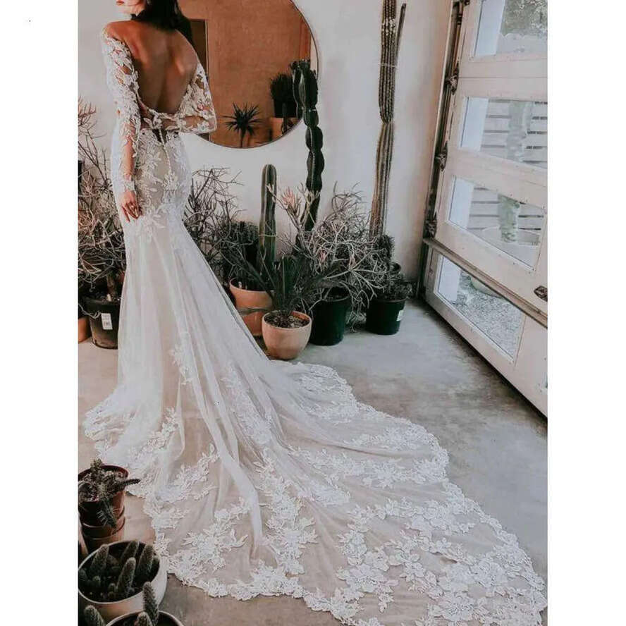 Boho Wedding Mermaid Long Sleeves Dresses Elegant Sheer Scoop Neck Lace Applique Sweep Train Beach Garden Plus Size Vestido Backless Bridal Gown De Bc
