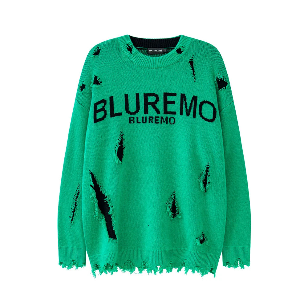 High Street Frayed Ripped Damaged Baggy Fall Sweater for Men and Women Crew Neck Letter Patchwork Casual Woolen Knitted 241018