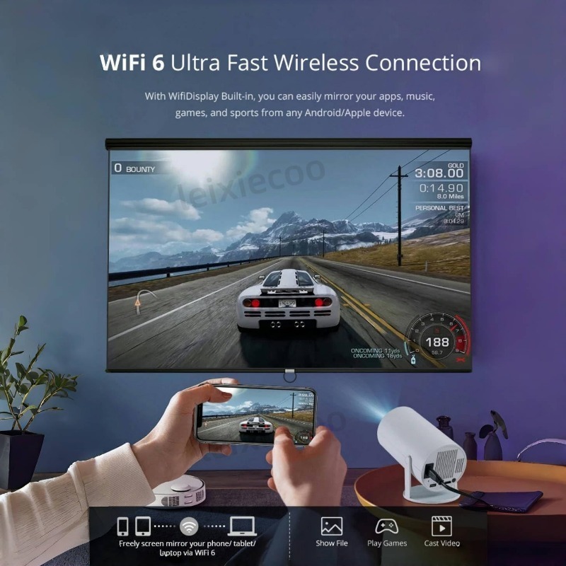 1080P FHD 4K Mini Projector Portable 210 ° Adjustable Movie Projector with WiFi Bluetooth Suitable for HDMI Indoor Ceiling Outdoor Use Home Projector 