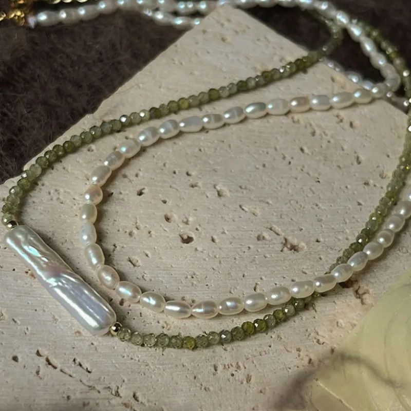Minar Retro 2mm freshwater pearl bead necklace suitable for women pure gold copper plated green natural stone bead necklace 241018