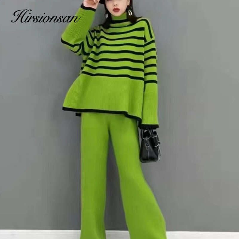 Hirsionsan Turtleneck Sweater And Wide-Leg Pants Two-Piece Suit Women Fashion Slim Loose Slit Knitted Sets Female Casual Outfits