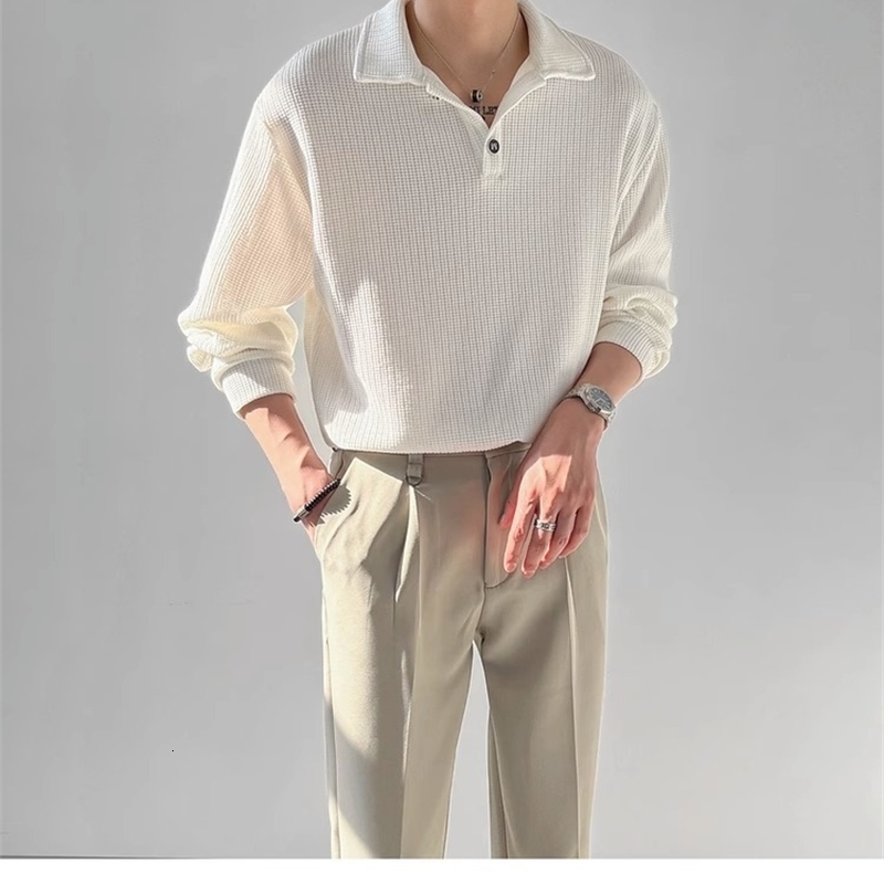 Spring Autumn Men Long Sleeve Polo Neck Loose T-shirt Casual Base Shirt Breathable Other Fiber Mixed Korean Style 241017