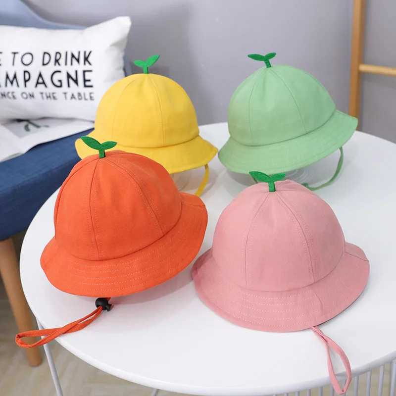 Cute Baby Bucket Hat With Sprout Spring Summer Children Drawstring Fisherman Hat Solid Color Boys Girls Beach Panama Sun Cap LX241018