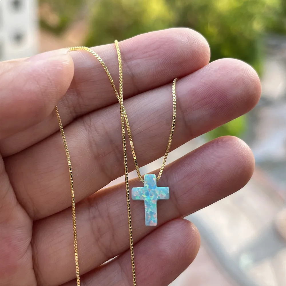 Synthetic OP03 Mint/OP05 Blue Cross Opal Necklace Fashion Cross Opal Necklace with Box Chain or O-Chain 241018