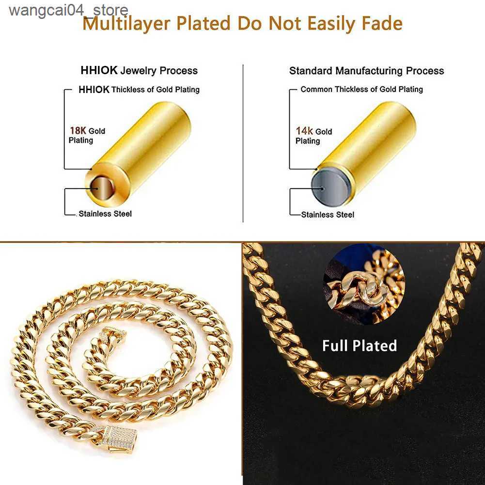 Chokers Gold Plated Mens Heavy duty Miami Cuban Chain Necklace with Laboratory Diamond Buckle Stainless Steel Hip Hop Thickness 10mm/12mm Necklace L24