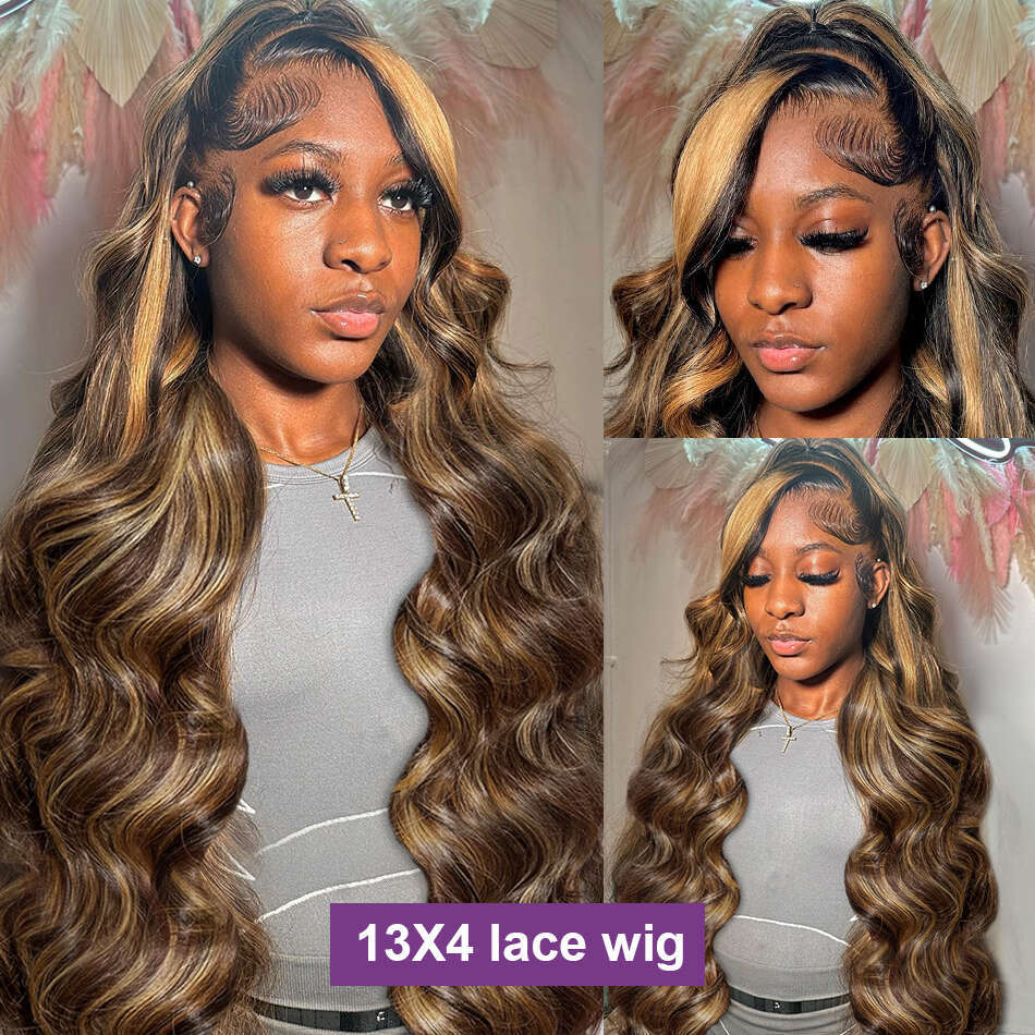 4/27 Highlight Body Wave Human Hair Brazilian 30 32 Inch Colored Ombre Blonde 13x6 HD Transparent Lace Frontal Wig For Women