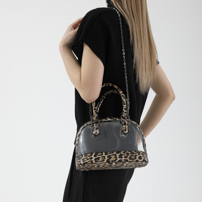 Brand Shell Handbag For Women Vintage Khaki Leopard Leather Shoulder Bag Female Waterproof Transparent PVC Crossbody Bags