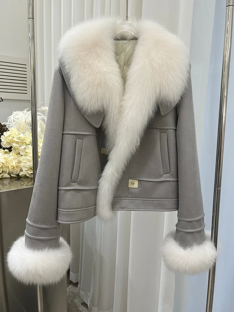 Womens Short Puffer Jacket Coats Winter Goose Down Natural Fox Fur Collar Thick Outerwear 241018