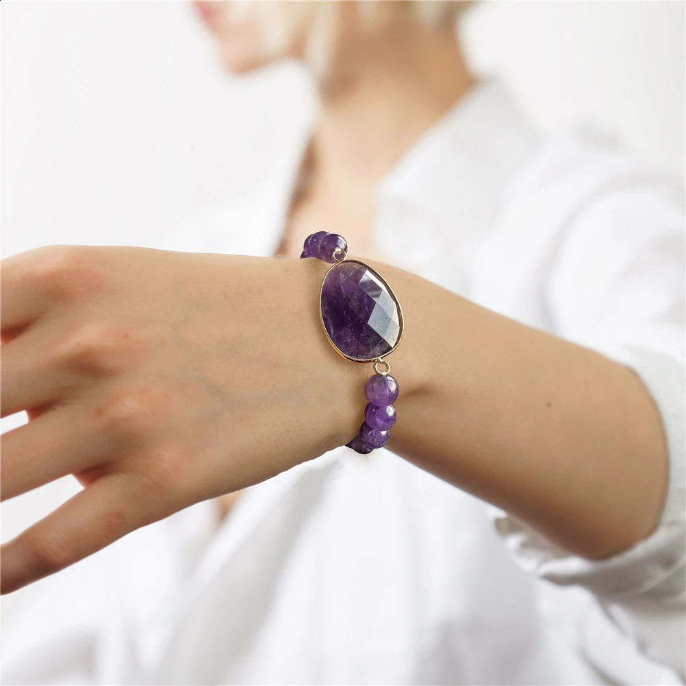 Irregular lapis lazuli charm bracelet natural stone amethyst Labrador stone black agate bead elastic bracelet 241018