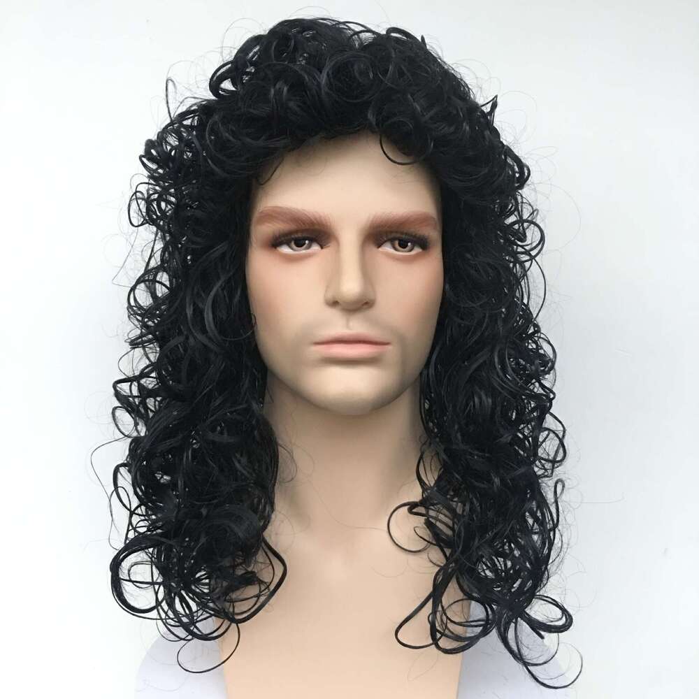 Men's Cosplay Black Fluffy Long Synthetic Small Curly Hair Wig