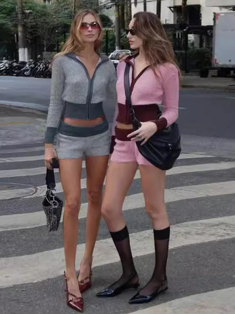 Absobe Knitted Color Contrasted Shorts Set Women Long Sleeved Zipper Cardigan Sweater Low Rise Short Pants Autumn Leisure Suit 241017