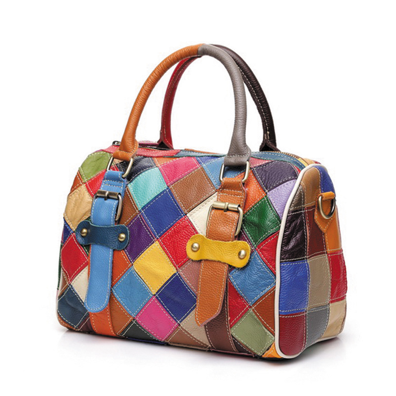 Hot Genuine Leather Handbag Fashion Plaid Colorful Patchwork Ladies Boston Bags Women Pillow Bag Bolsos Sac A Main