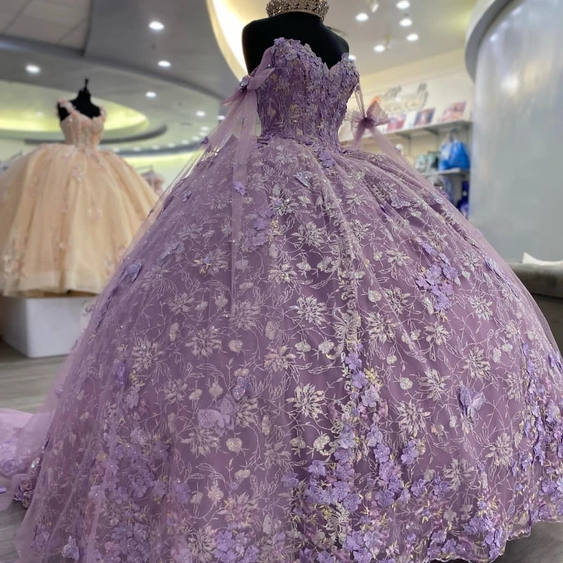 Sparkly Lavender Sweetheart Princess Ball Gown Quinceanera Dresses Off The Shoulder Sequin Applique Lace 3D Flower Beads Tull Bow Sweet 16 Dress Vesti