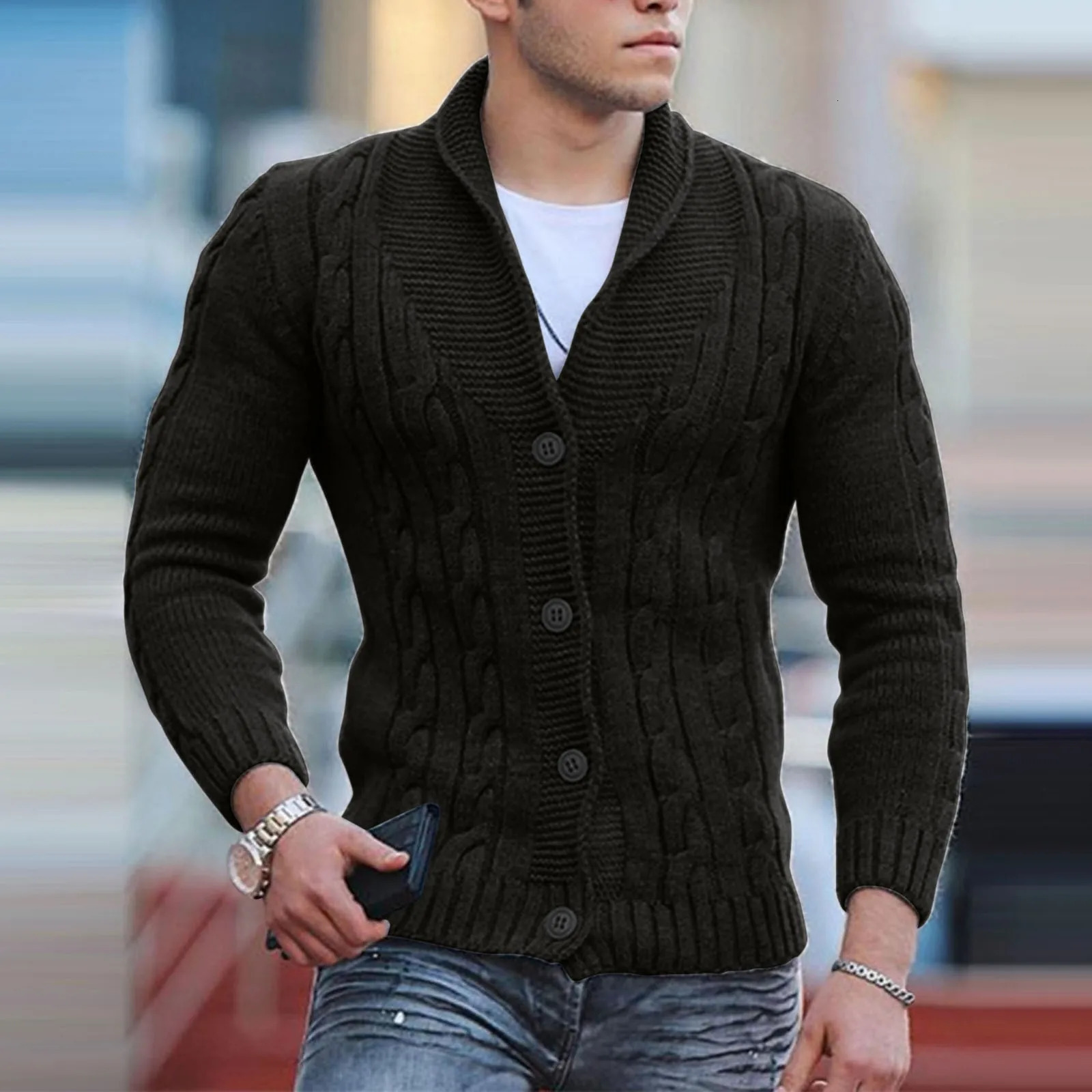 V Neck Men Cable Knit Cardigan Sweater Slim Fit Long Sleeve Casual Cardigans Coat Clothing Autumn Winter Jacket 241018