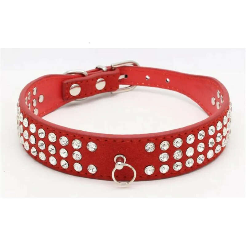 Jeweled Personalized Suede Length Rhies Skin Pet Collars Three Rows Sparkly Crystal Dias Studded Puppy Dog Collar