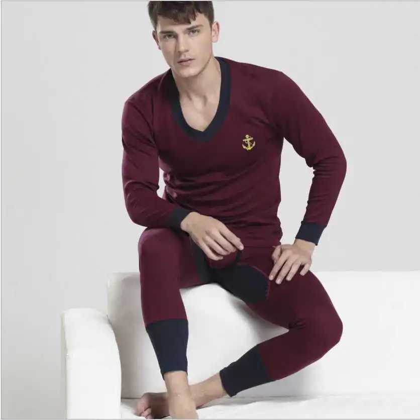 Men's Thermal Underwear 1 set of high-quality mens autumn/spring cotton long Johnson suit V-neck comfortable hot underwear sexy elastic warm unde