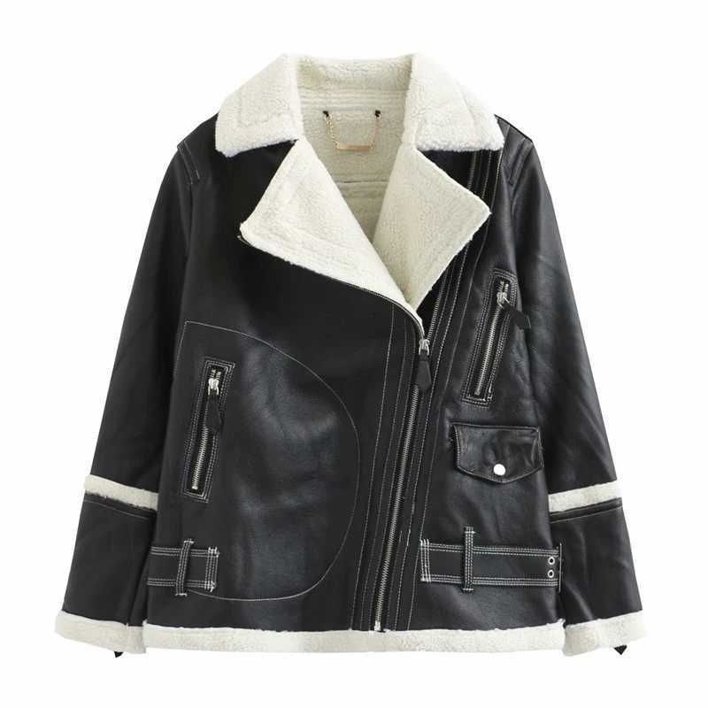 Evfer Winter Fashion Lady Patchwork Lamb Wool Warm Jackets Outwear Women Stylish Turn-Down Collar Zippers Faux Leather CoatsX241018