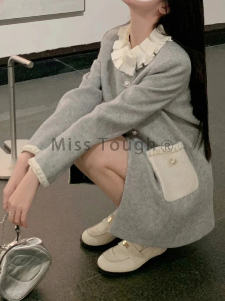 French Gray Elegnat Midlength Warm Jacket Womens Autumn Winter Princess Sweet Clothes Thickened n Causal Coat Party 241018