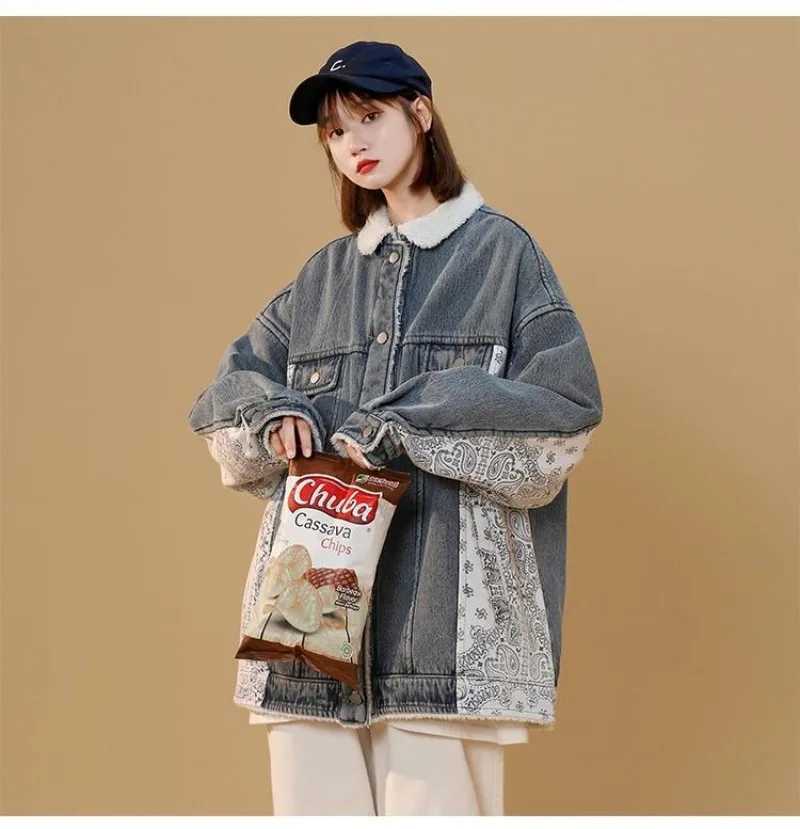 Vintage Winter Thicken Lambswool Denim Jackets Fashion Long Parkas Turn-down Collar Chic Printed Coats Warm Clothes for WomenX241018