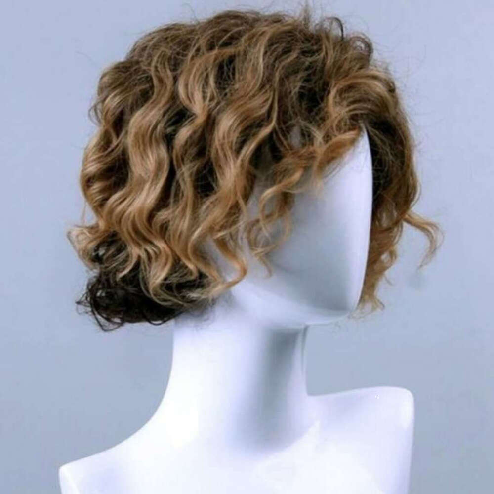 New Handsome Men's Headband With Brown Gradient Gold Partial Split Short Curly Hair Rose Net Wig