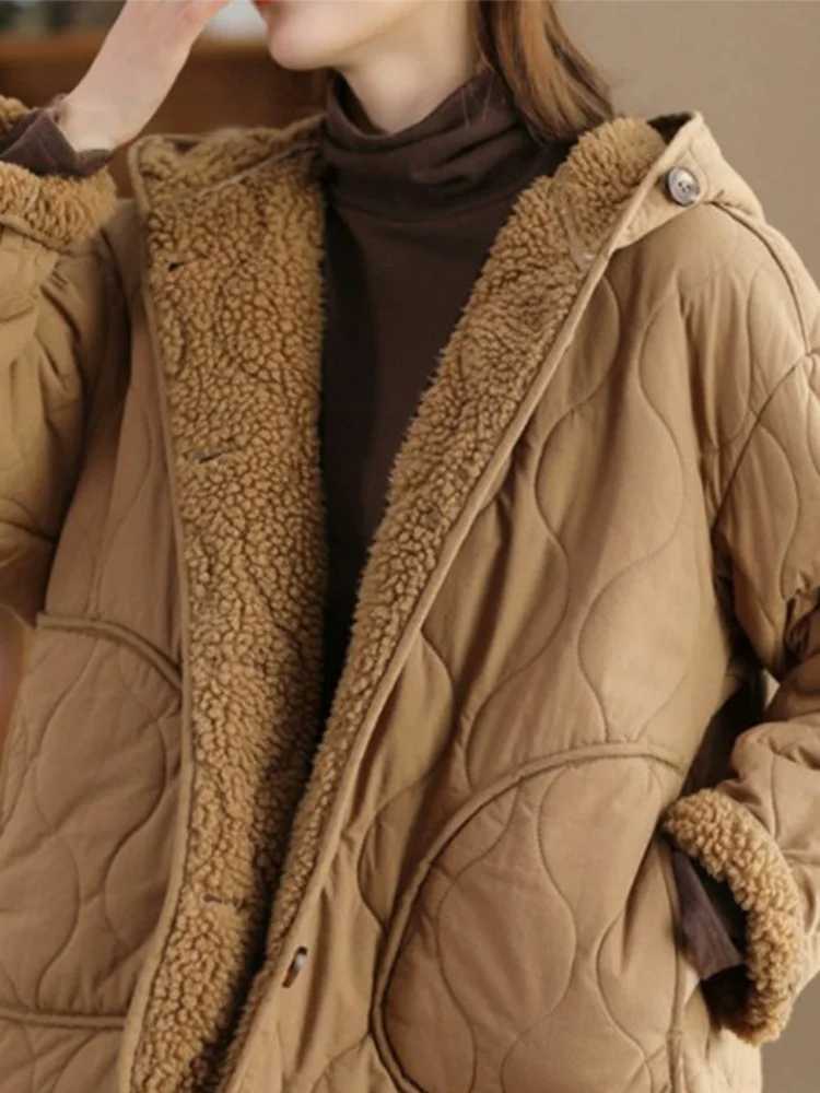 Lamb Wool Warm Jacket Thick Hooded Cotton Coat Womens Retro Long Sleeved Large Size Jacket Loose Casual Warm Comfortable WinterX241018
