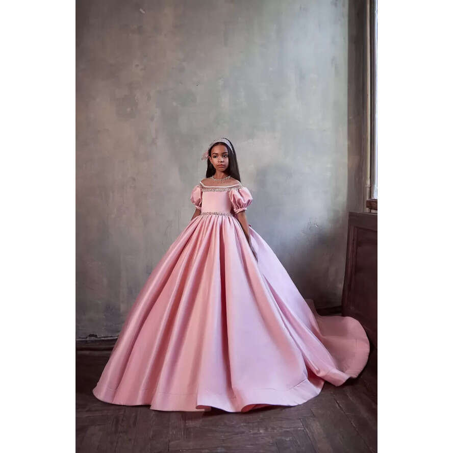 Pink 2022 Girls Cute Pageant Dresses Princess Satin Jewel Neck Short Sleeves Crystal Beads Kids Wer Girl Dress Ball Gown Birthday Gowns Or Length Back