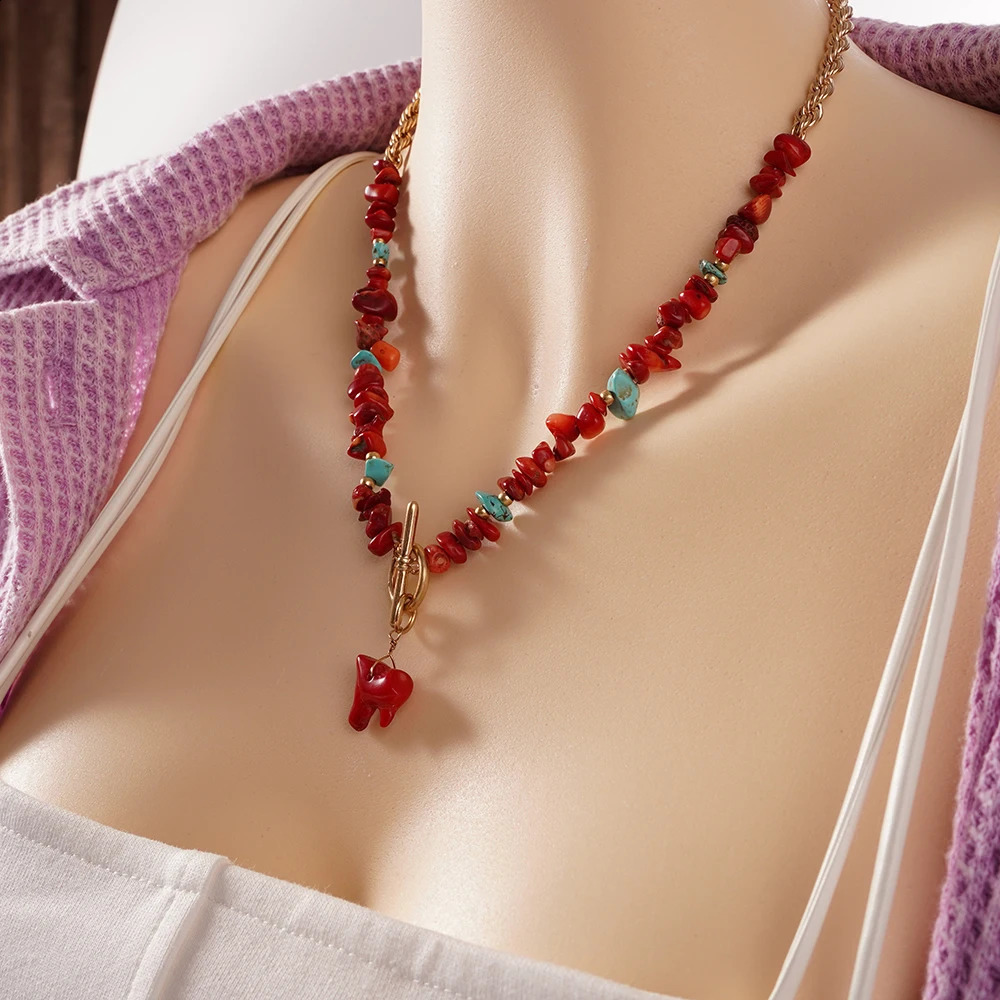 Bohemian real coral chain natural stone necklace irregular retro bead spiritual jewelry womens gift 241018